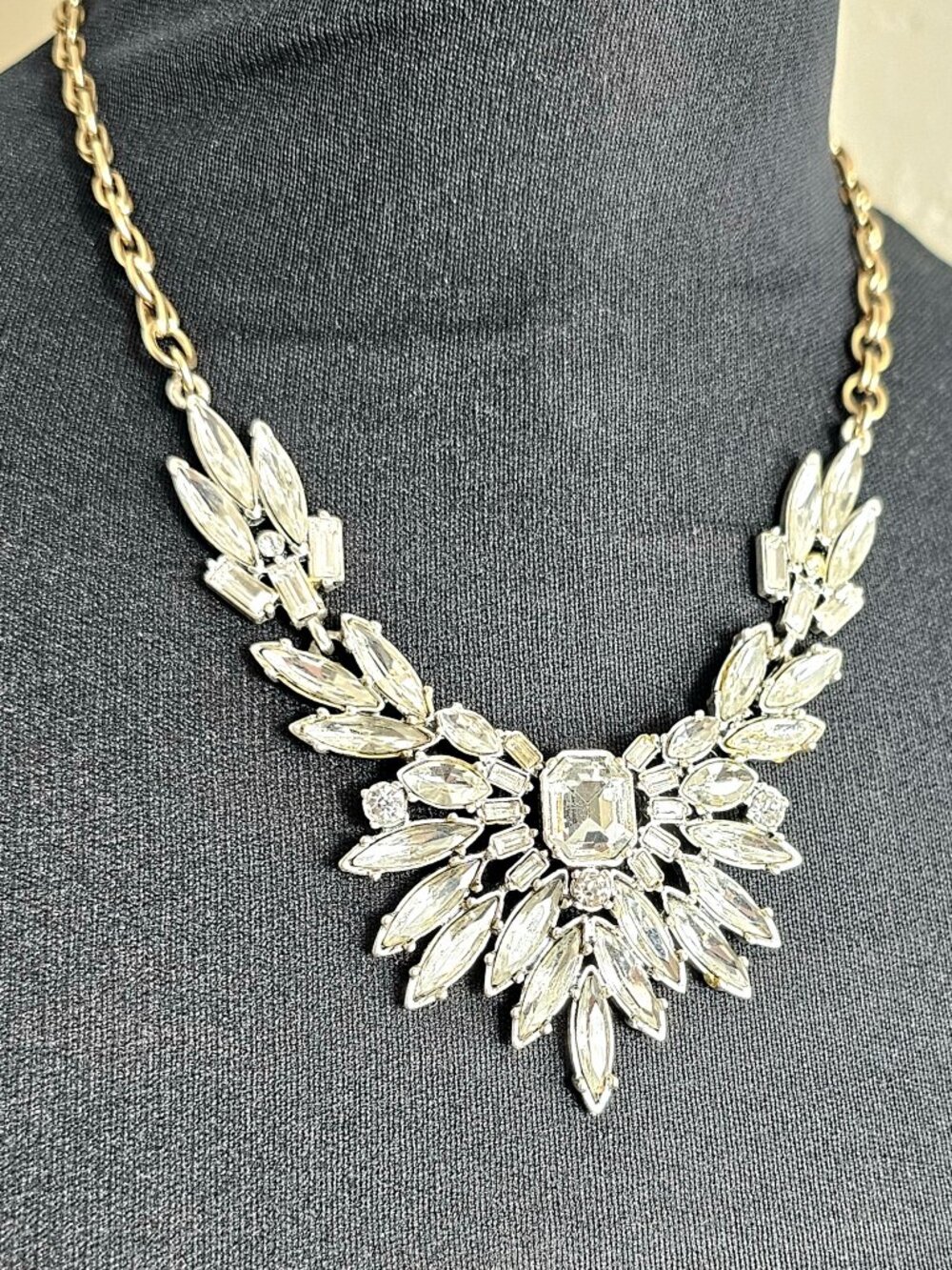 Banana Republic Crystal Fan Bib Necklace Gold Tone Marquise Emerald Cut Statemen